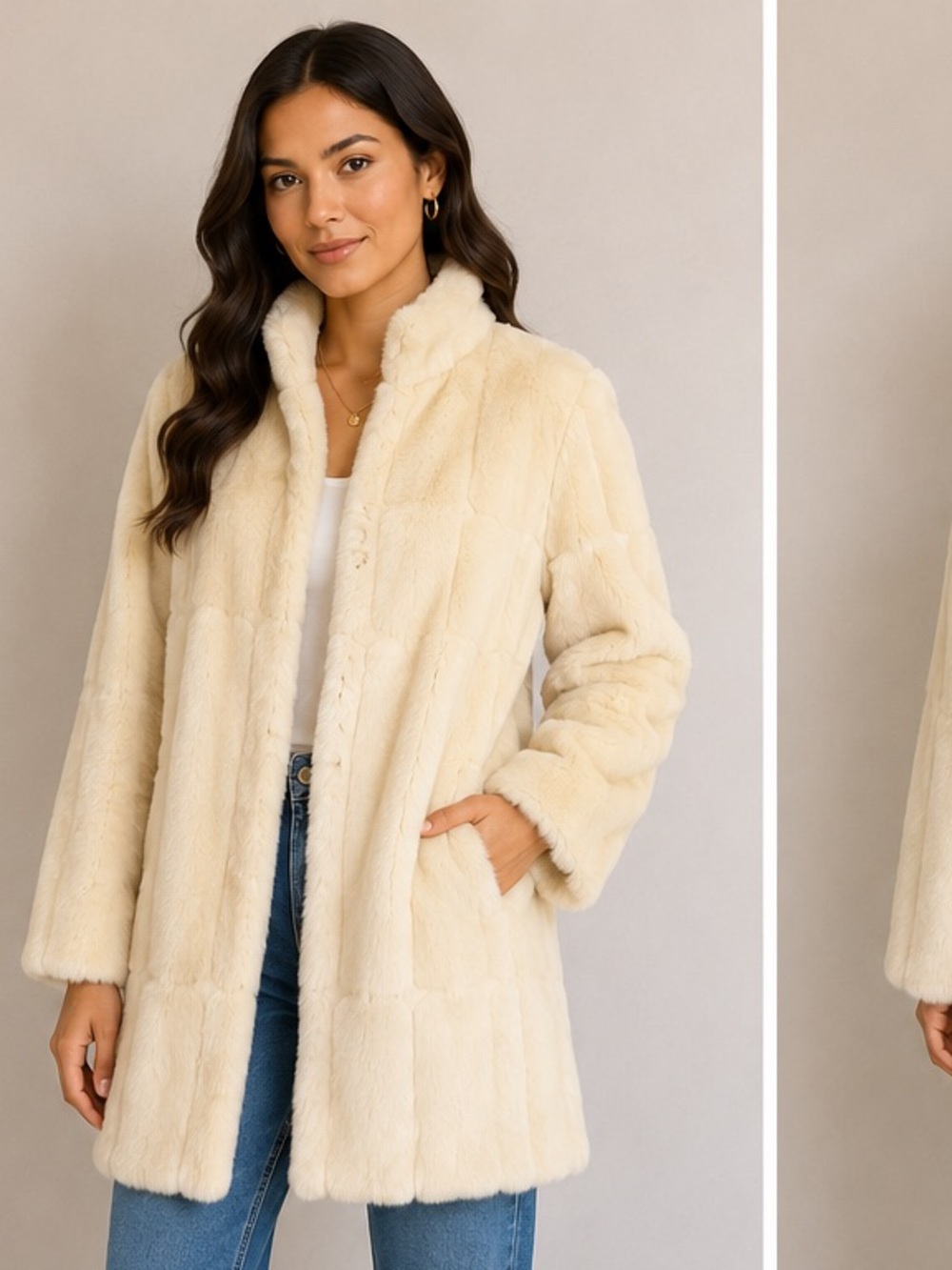 Cream Faux Fur Coat - Women's